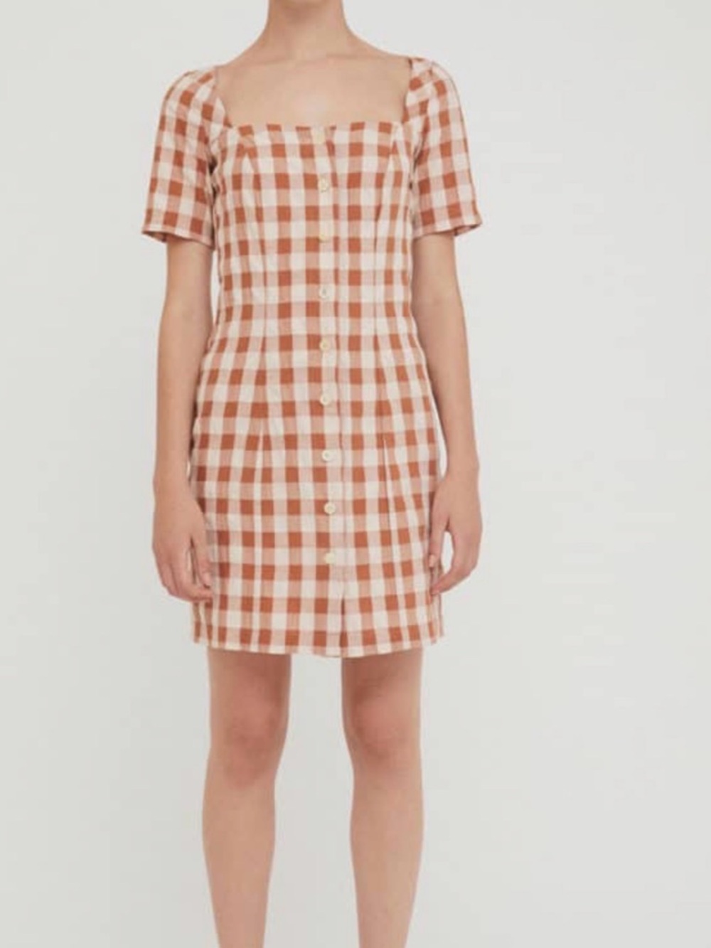 RITA ROW Maria dress brown Gingham Button-Front Square Neck mini dress NEW NWT